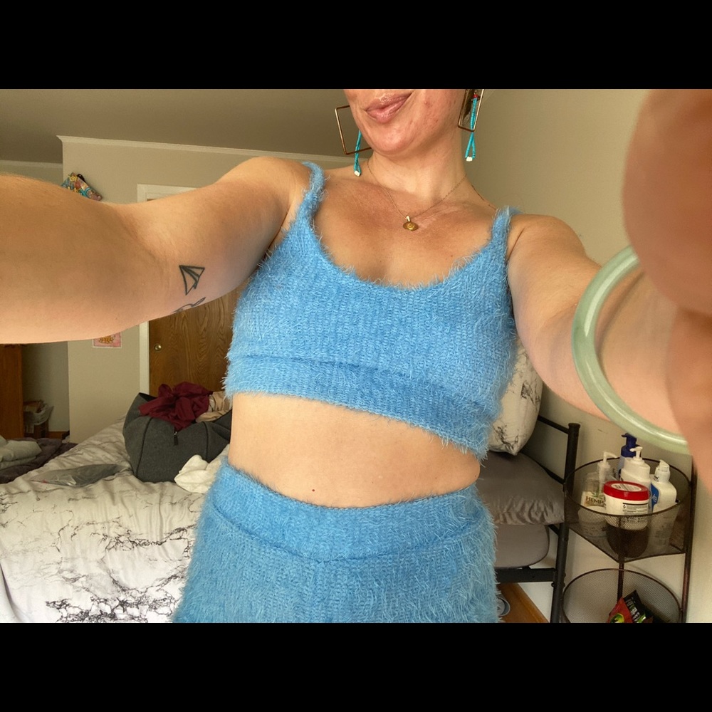 Two piece fuzzy light blue lounge set